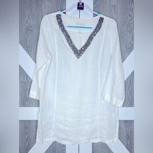 306. Cynthia Rowley Beaded V-Neck Linen Top Cream/Bronze Large